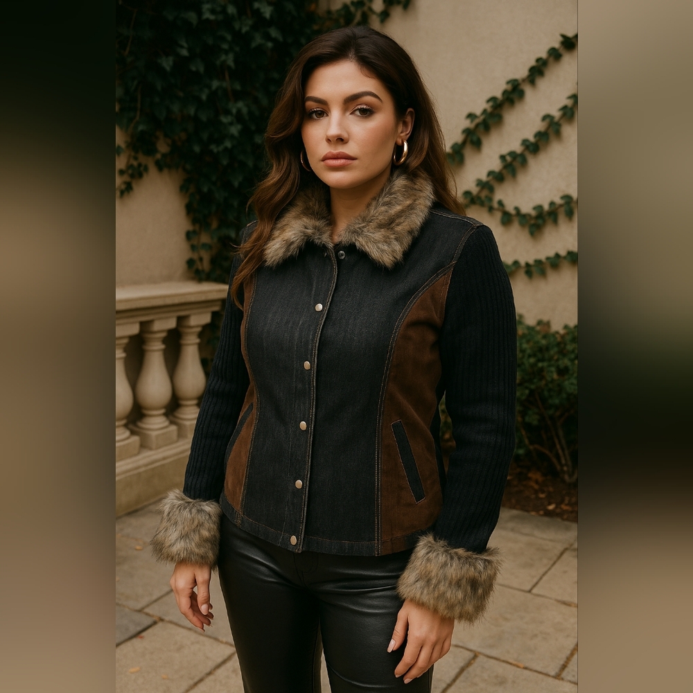 Y2K Faux Fur Collar Cuff Denim Corduroy Knit Panel Jacket M Mixed Media Unique